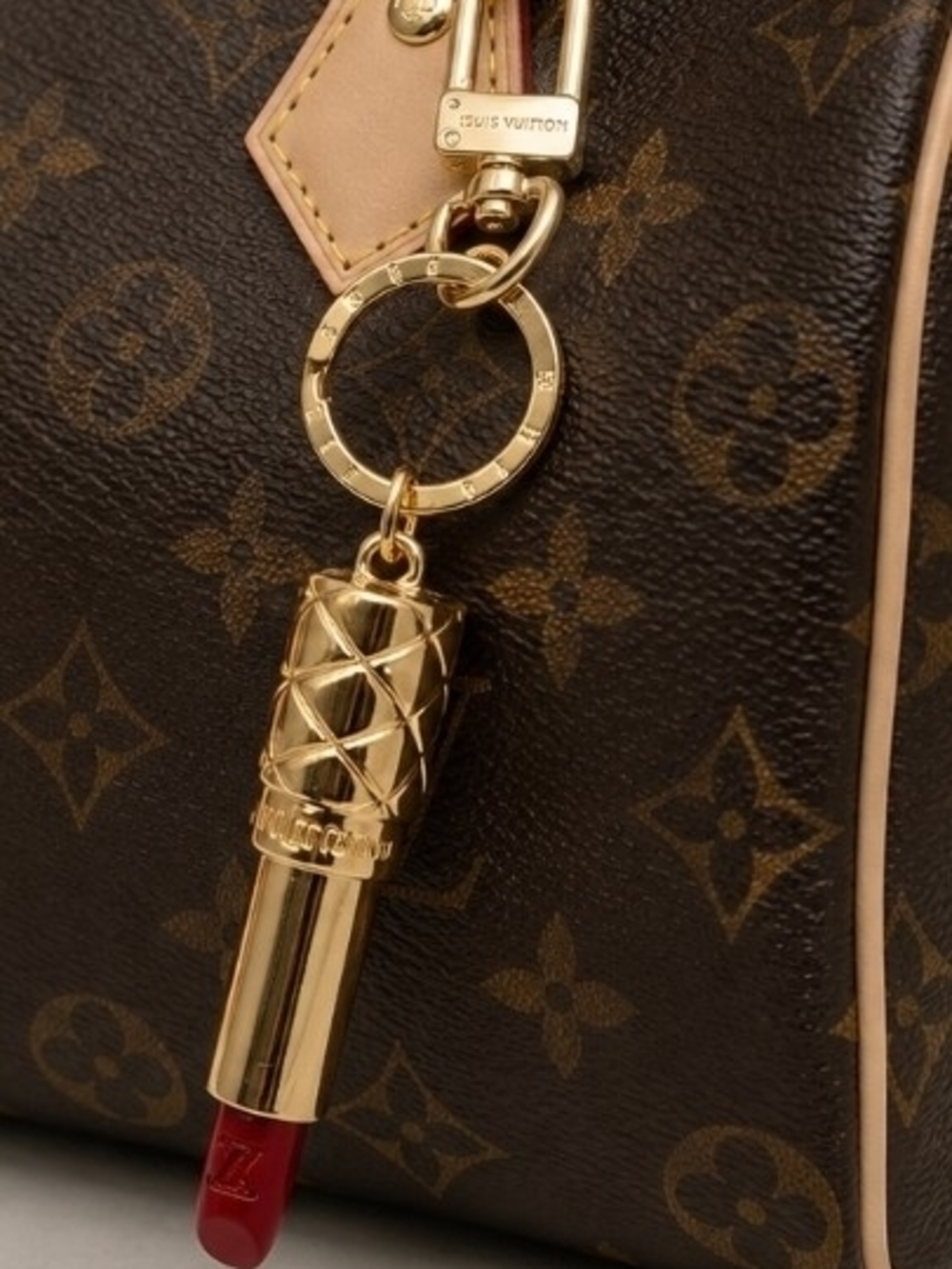 Gold Lipstick Charm Keyring - Red Accent